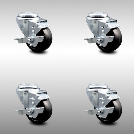 3.5 Inch SS Hard Rubber Wheel Swivel Bolt Hole Caster Set With Brake SCC